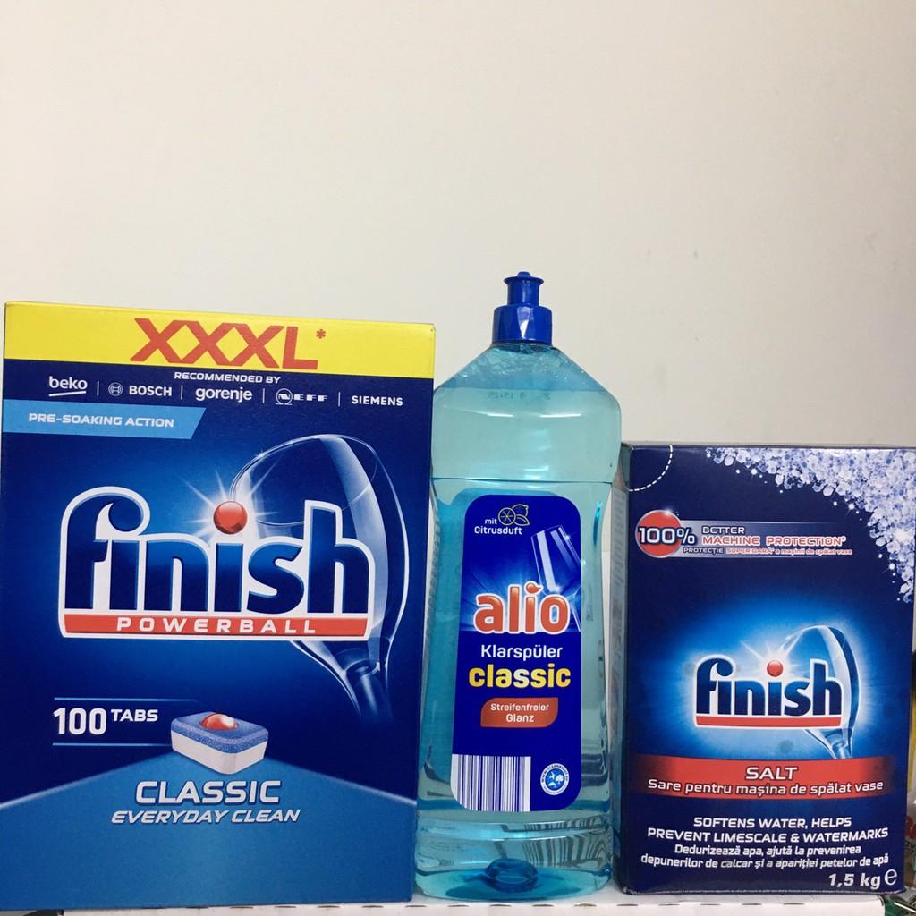 Combo viên rửa bát finish Classic 100V + muối rửa bát finish 1.2kg + Nước làm bóng alio 1 lít dùng cho máy rửa bát