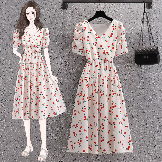 TOBE1SHOP Quần áo mùa hè 2023 Cherry in tay áo ngắn Vintage V cổ thắt lưng thiết kế cảm giác đầm cho phụ nữ