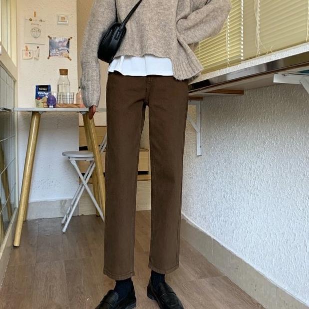 Quần jean dài cạp cao ống suông, quấn jean phong cách ulzzang_j15