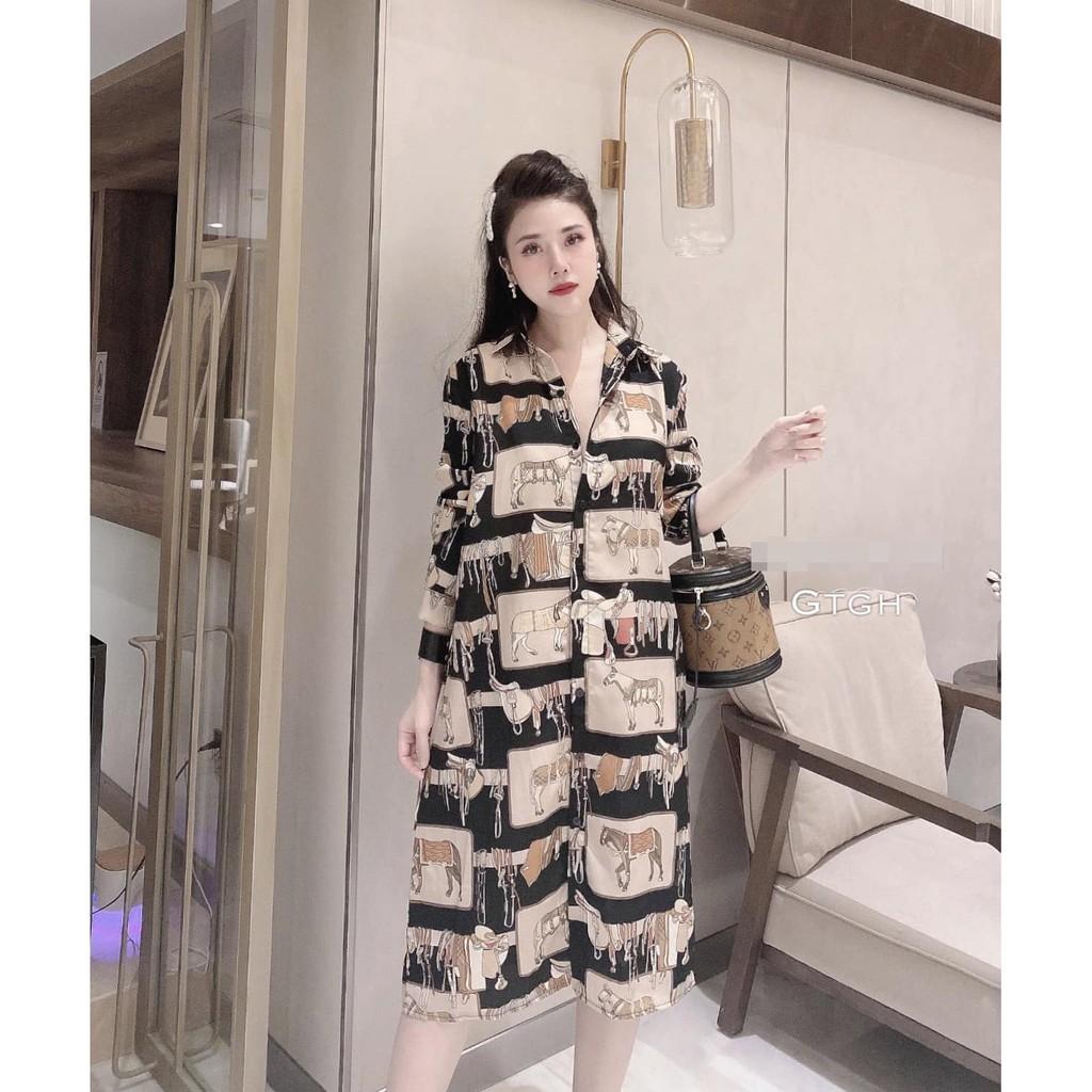 Đầm nữ ĐẦM SUÔNG IN NGỰA CỔ SƠ MI KÈM DÂY EO