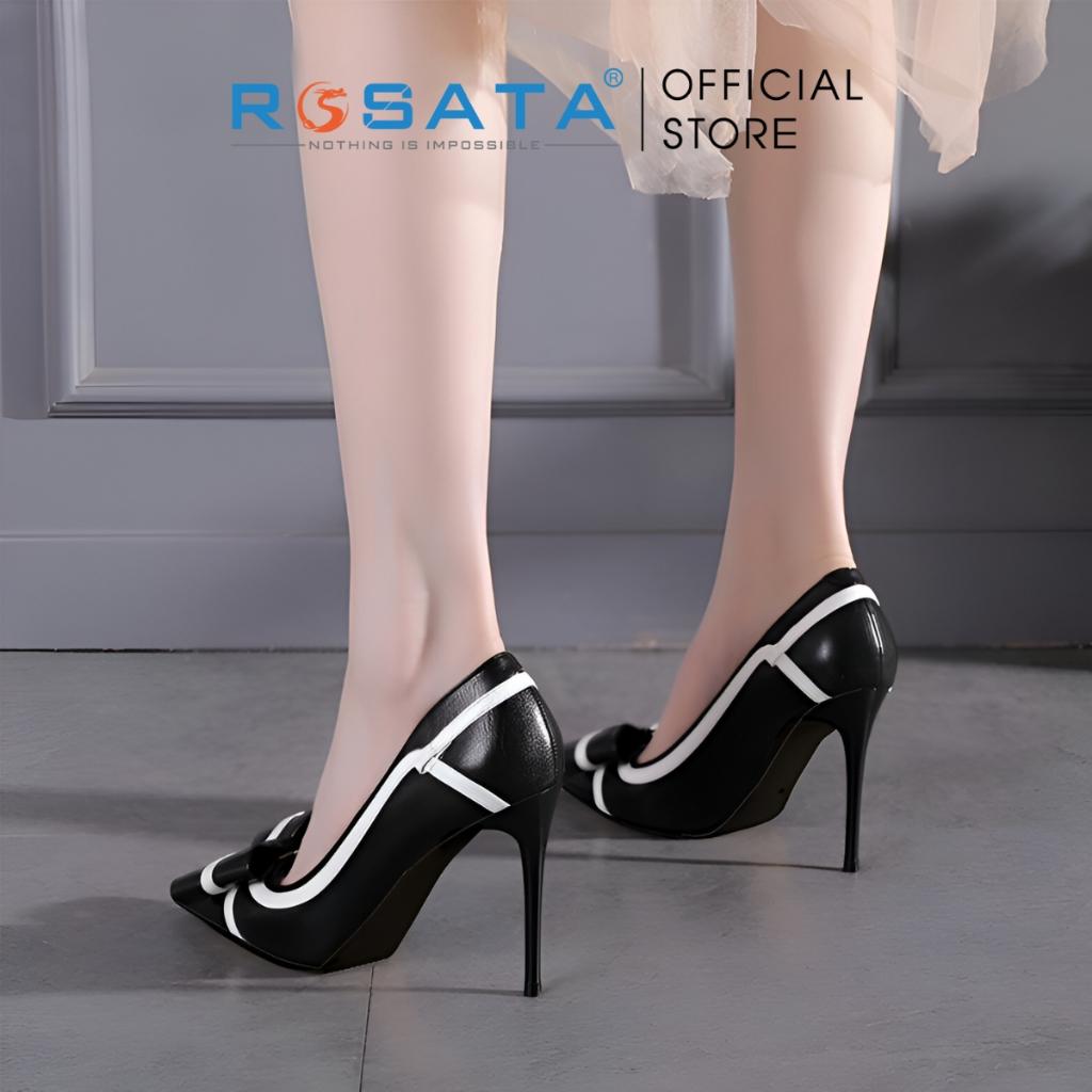Giày cao gót nữ gót nhọn 9 phân mũi nhọn phối nơ viền trắng màu đen ROSATA RO608 ( Bảo Hành 12 Tháng )