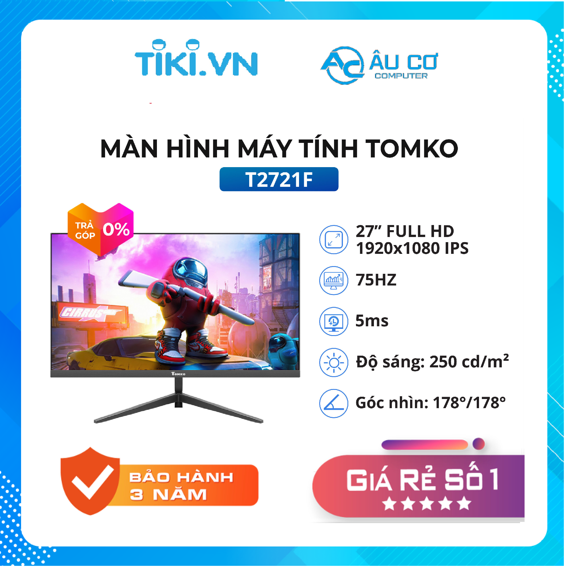 Màn hình máy tính GAMING Tomko T2721F 27 inch Full 3 viền IPS 75Hz (HDMI+VGA+DC) - siêu rẻ siêu chất lượng - Hàng chính hãng