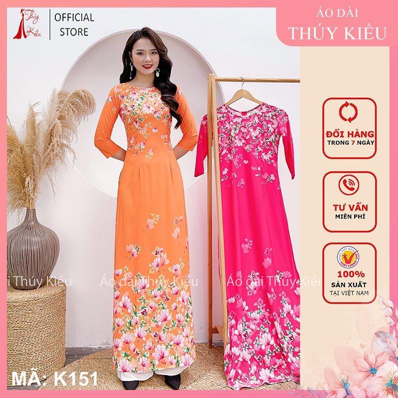 Áo dài nữ thiết kế đẹp may sẵn truyền thống cách tân tết hoa nhí nền cam K151