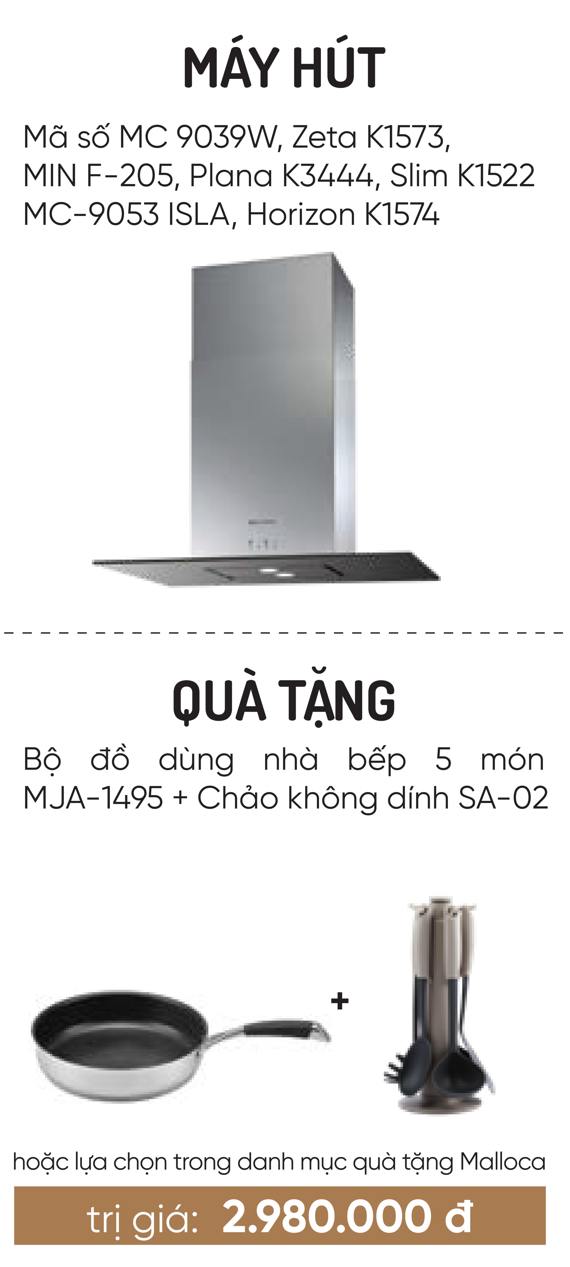 Máy hút khử mùi áp tường MC 9039W - Bộ đồ dùng nhà bếp 5 món MJA-1495 + Chảo không dính SA-02 - Hàng chính hãng