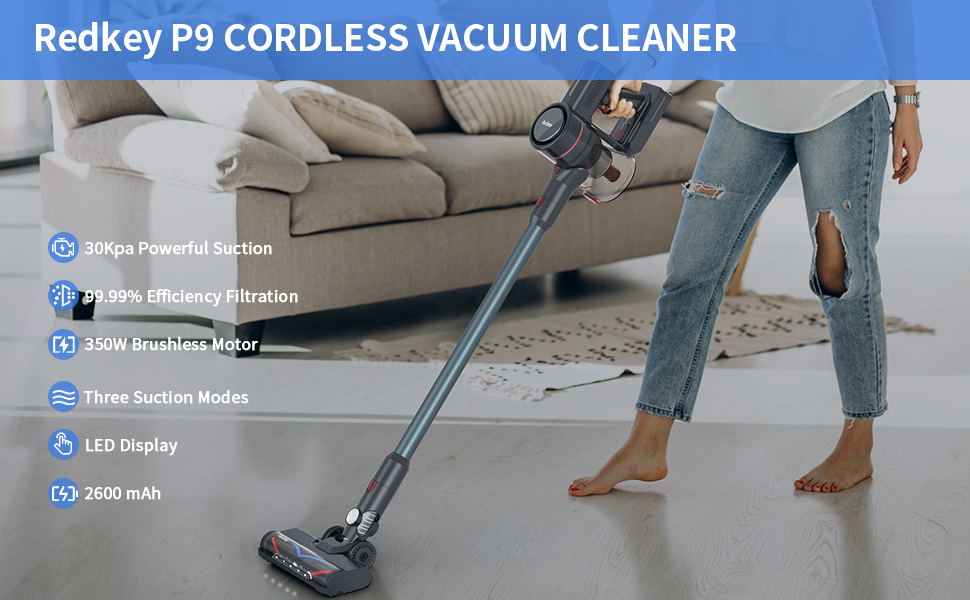 Máy Hút Bụi Không Dây Cầm Tay XIAOMI REDKEY P9 Công Nghệ Giảm Ồn 5 Cấp Thời Gian PIN 60 Phút Diện Tích Sử Dụng 150m2 Lực Hút 30.000 Pa Công Suất 350 W - Hàng Chính Hãng
