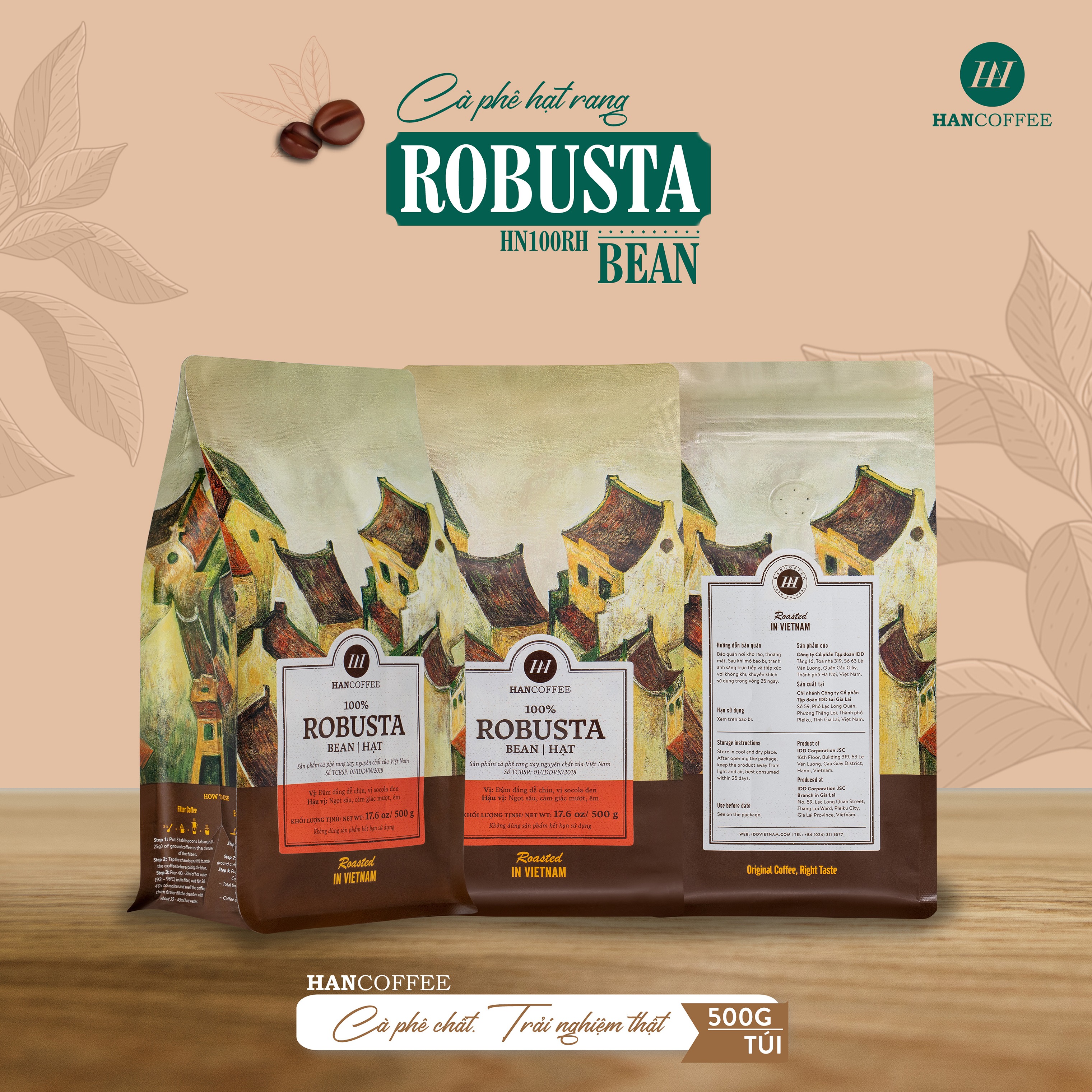 Cà Phê Robusta - Cafe Rang Mộc 100% HANCOFFEE Đắng Vừa, Hậu Ngọt, Dễ Uống Pha Phin, Nguyên Hạt 500g-HN100RB1