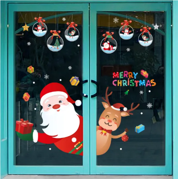 Decal trang trí Noel - Rèm noel châu và 2 người bạn chào