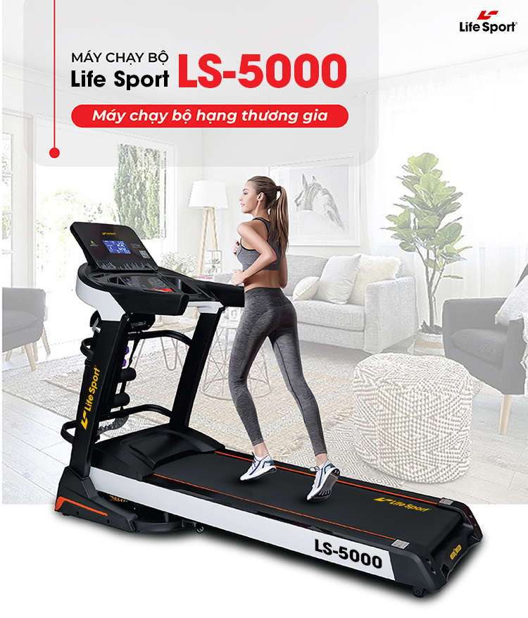 Máy Chạy Bộ Lifesport LS-5000,Máy Chạy Bộ Hiển Thị Nhịp Tim Lượng Calo Và Tốc Độ Và Quãng Đường Chạy, Vùng Chạy Rộng