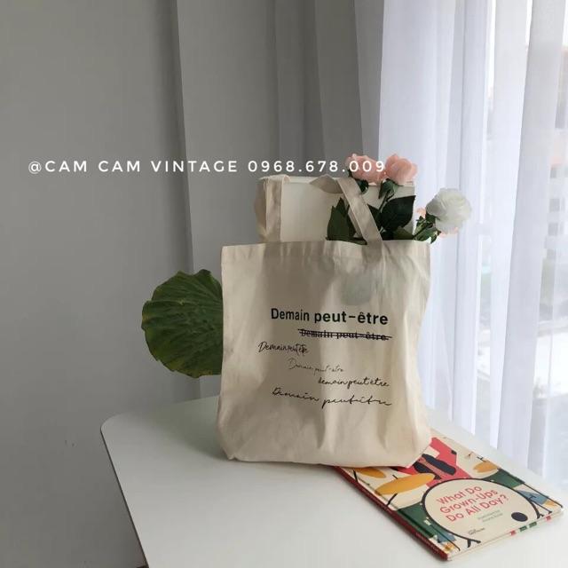 TÚI TOTE VẢI TÚI TOTE TRẮNG NGÀ VINTAGE CHỮ ĐỎ DEMAIN