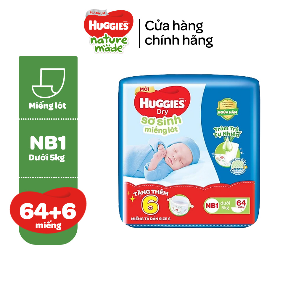 Miếng lót sơ sinh Huggies Skin Perfect NB1 64+4/NB1 108+6 miếng với 2 vùng thấm giảm kích ứng da