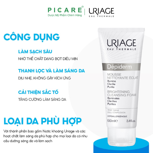 Sữa Rửa Mặt Tạo Bọt Dưỡng Sáng Da Uriage Depiderm White Mousse Nettoyante Eclaircissant