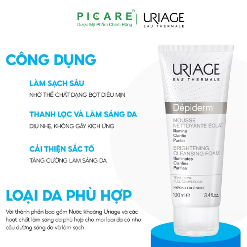 Sữa Rửa Mặt Tạo Bọt Dưỡng Sáng Da Uriage Depiderm White Mousse Nettoyante Eclaircissant (100ml)