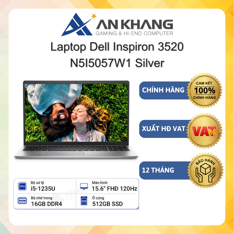 Laptop Dell Inspiron 3520 N5I5057W1 ( Core i5 - 1235U| 16Gb (2 x 8G)| DDR4 2666Mhz| 512Gb SSD NVMe| 15.6&quot; FHD| Carbon Silver) - Hàng Chính Hãng- Bảo Hành 12 Tháng Tại Dell Việt Nam