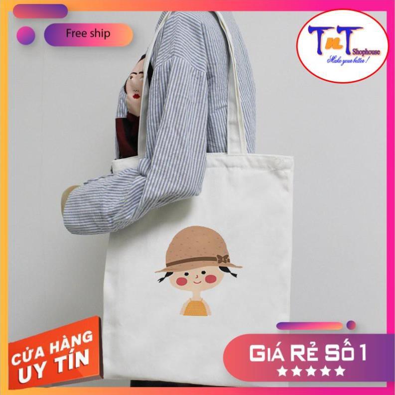 Túi tote vải canvas có khóa kéo miệng túi in hình dễ thương