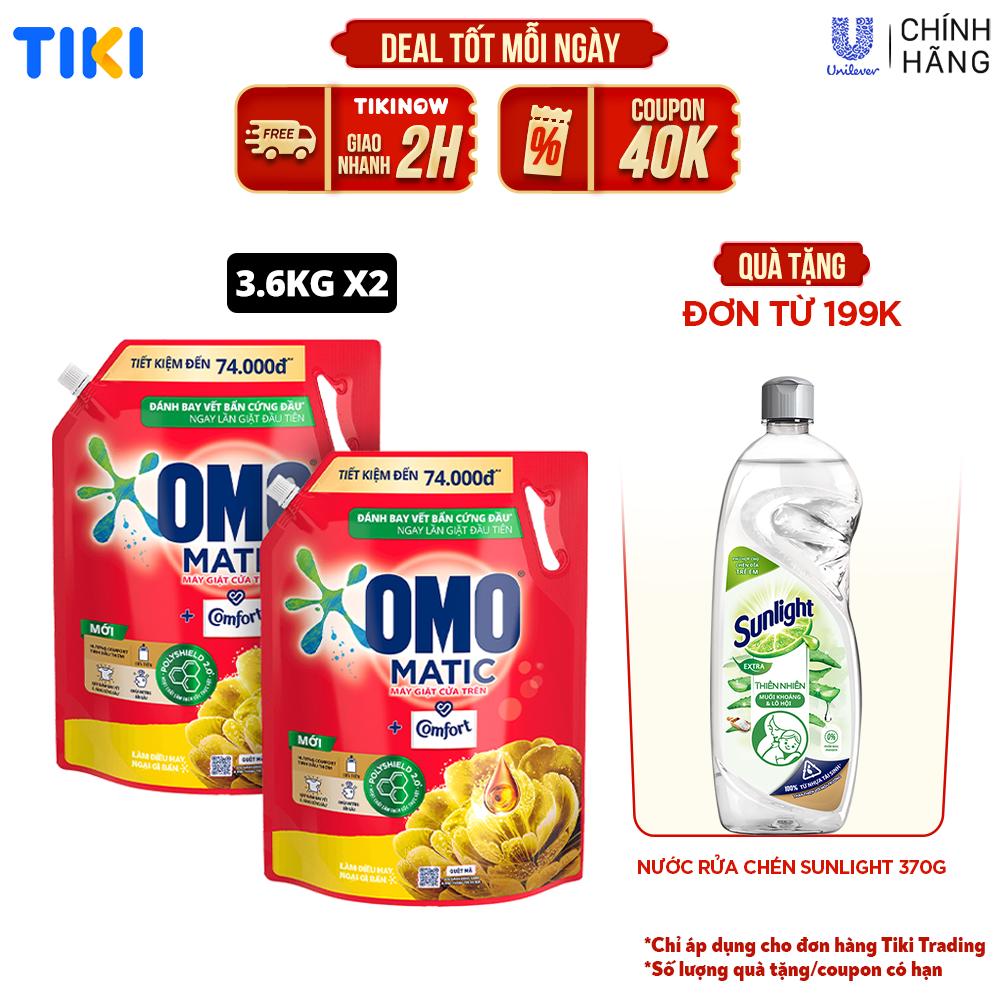 Combo 2 Túi Nước Giặt Omo Matic Máy Giặt Cửa Trên Hương Comfort Tinh Dầu Thơm Xoáy Bay Vết Bẩn Thơm Bền Lâu 3.6Kg