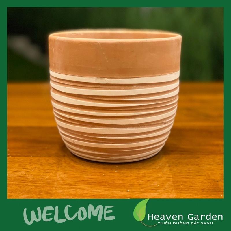 Chậu đất nung trứng sơn trắng sọc ngang 14x14cm- chậu trồng cây