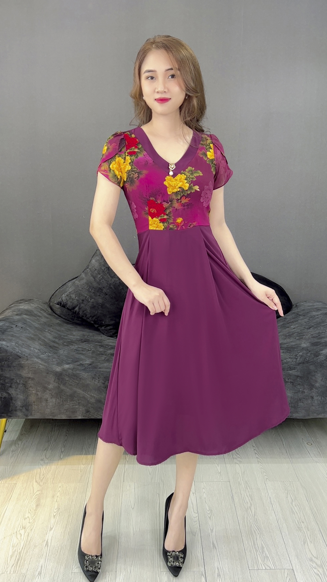 Đầm Hoa Trung Niên [ Linh Trà ] (TM 435) Vải Voan Chiffon Đi Chơi Đi Tiệc Quý Phái Sang Chảnh