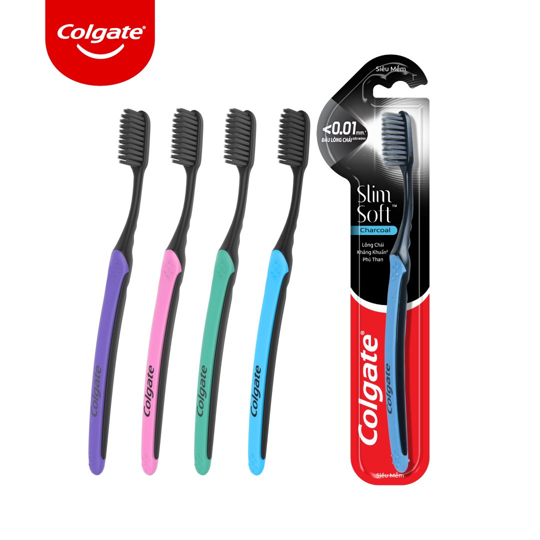 Bàn chải đánh răng Colgate than hoạt tính kháng khuẩn SlimSoft Charcoal mềm mảnh (Màu ngẫu nhiên)