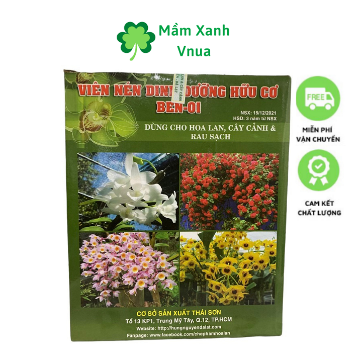 Viên Nén Dinh Dưỡng Hữu Cơ Ben 01 Hùng Nguyễn hộp 1kg dùng bón gốc cho hoa lan, cây cảnh và rau sạch