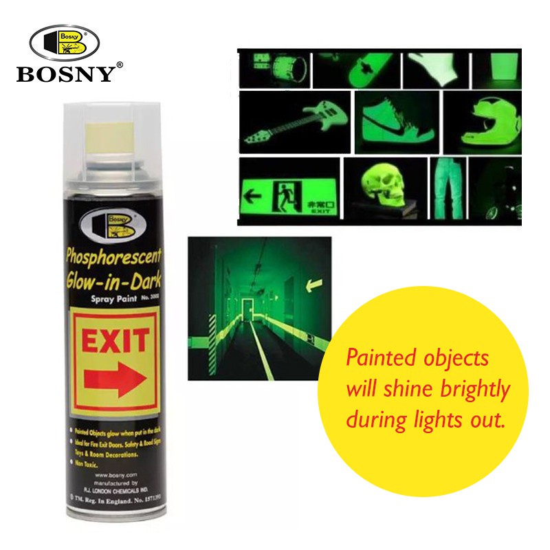 Sơn xịt phát sáng trong tối, dạ quang phát sáng ban đêm phosphorescent Bosny dung tích 200ml - Thái lan, sơn ô tô, xe máy, trang trí, biển báo, lối thoát hiểm