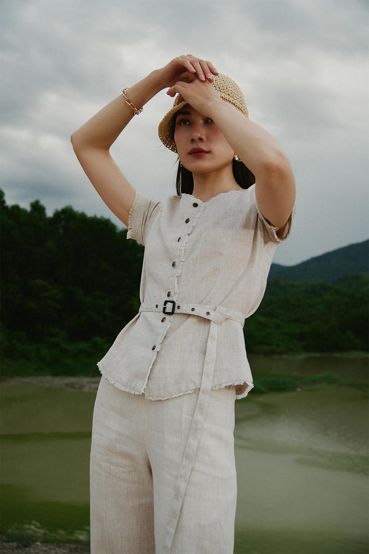 Áo Linen Tua Rua Rút Chỉ Lanh Xám TOP220 Thời trang thiết kế Hity