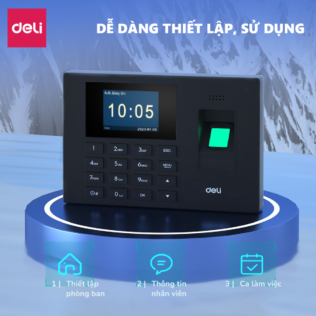 Máy Chấm Công Deli - Hàng Chính Hãng - Quét Vân Tay, Nhận Diện Gương Mặt, Quét Thẻ Card Máy Chấm Công Có Tiếng Việt Kết Nối USB Báo Cáo Bằng File Excel