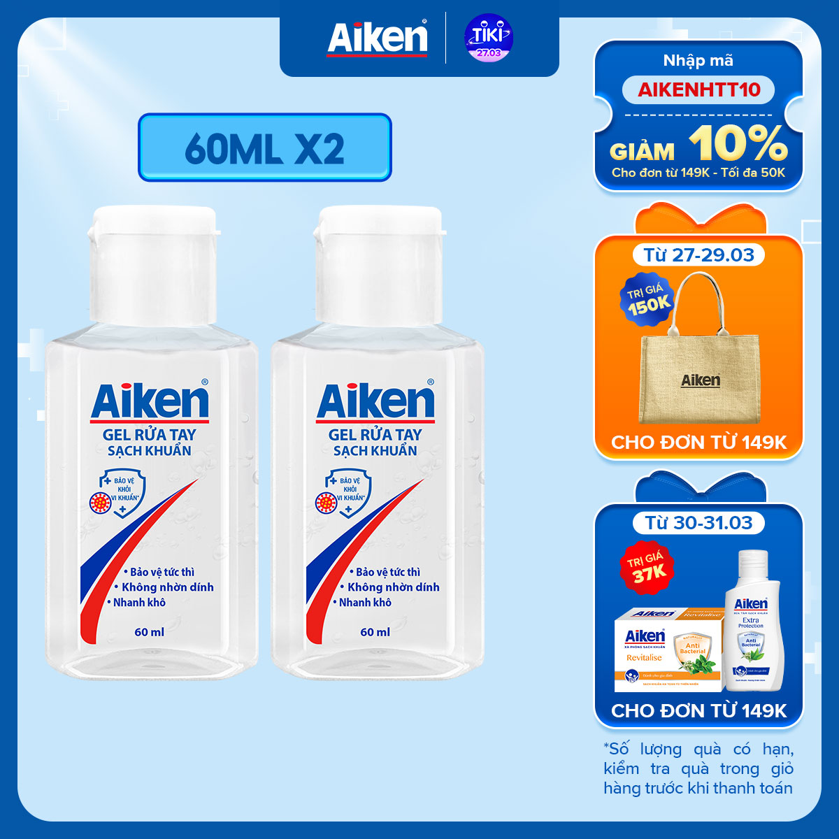 Combo 2 Gel rửa tay Sạch khuẩn Aiken 60ml/chai