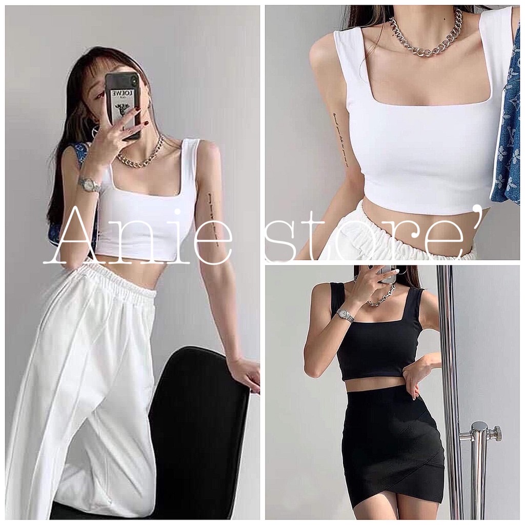 ￼Áo Croptop Nữ 3 Lỗ Cổ Vuông  Áo Crt Nữ Trơn Sát Nách 2 Màu