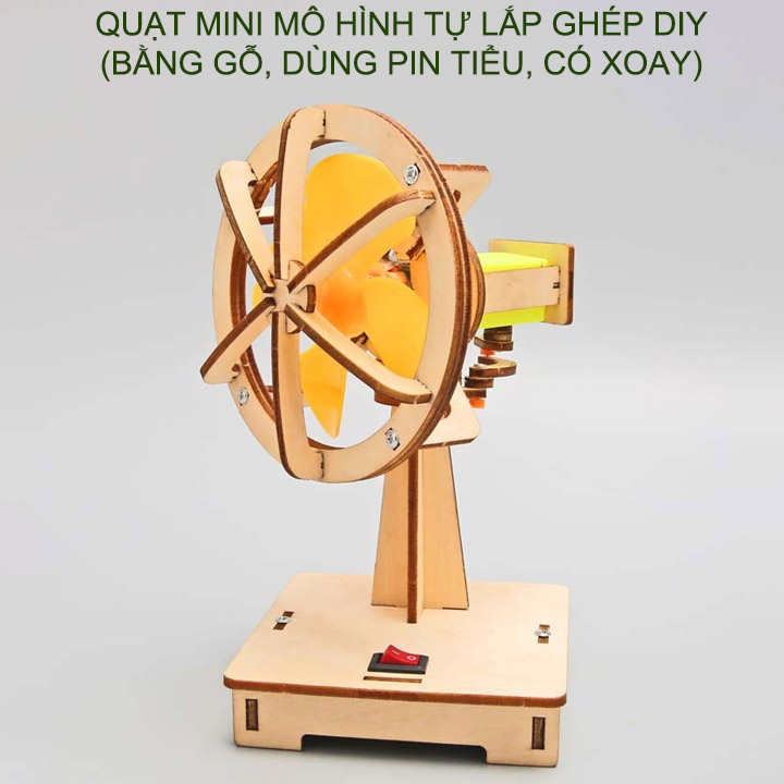 Quạt mini mô hình tự lắp ráp bằng gỗ DIY, dùng pin tiểu, loại có thể quay