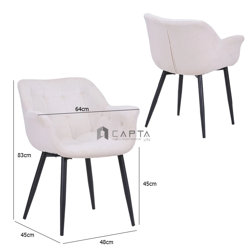 Ghế trang điểm có lưng tựa LARA 3A-F Nội thất Capta Ghế café nệm vải nhung may caro sọc vuông có tay vịn chân sắt đen