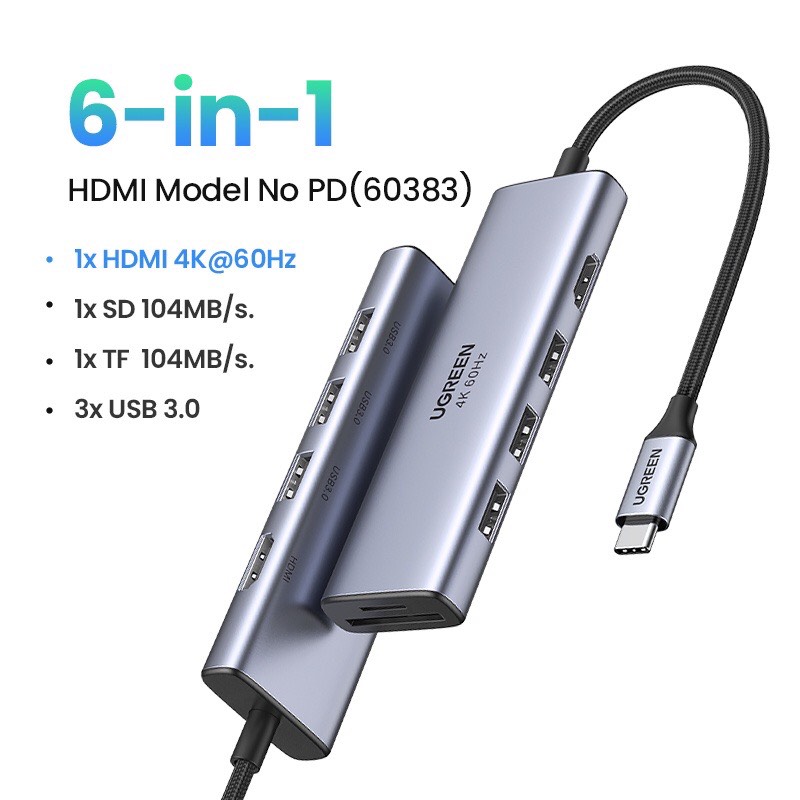 Hub Type C to HDMI , 2 USB 3.0 , TF/SD , PD 100w Ugreen 60384 , 60383 hàng chính hãng