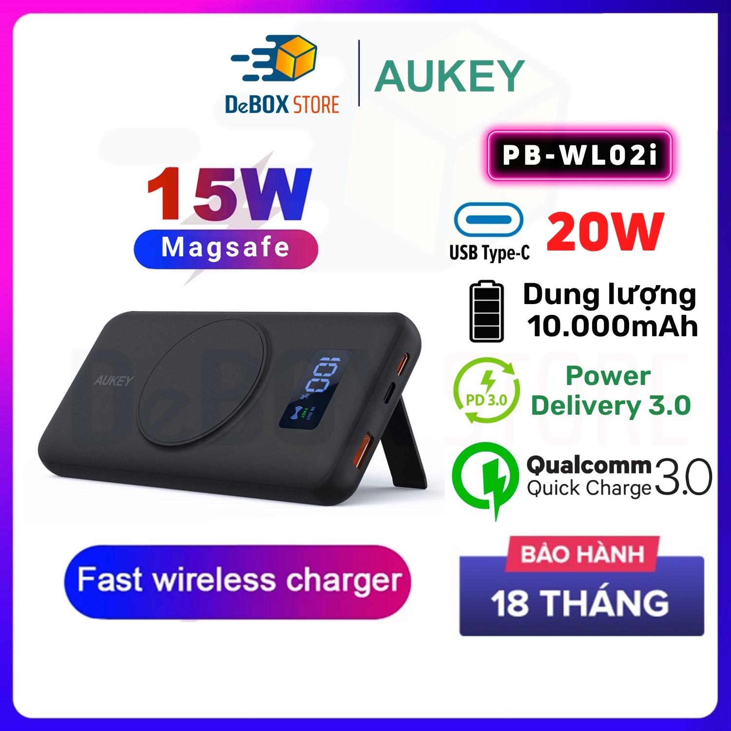 Pin dự phòng AUKEY Basix MagAir PB-WL02i 10000mAh, đế sạc không dây nam châm, tích hợp cổng sạc IP - Hàng Chính Hãng