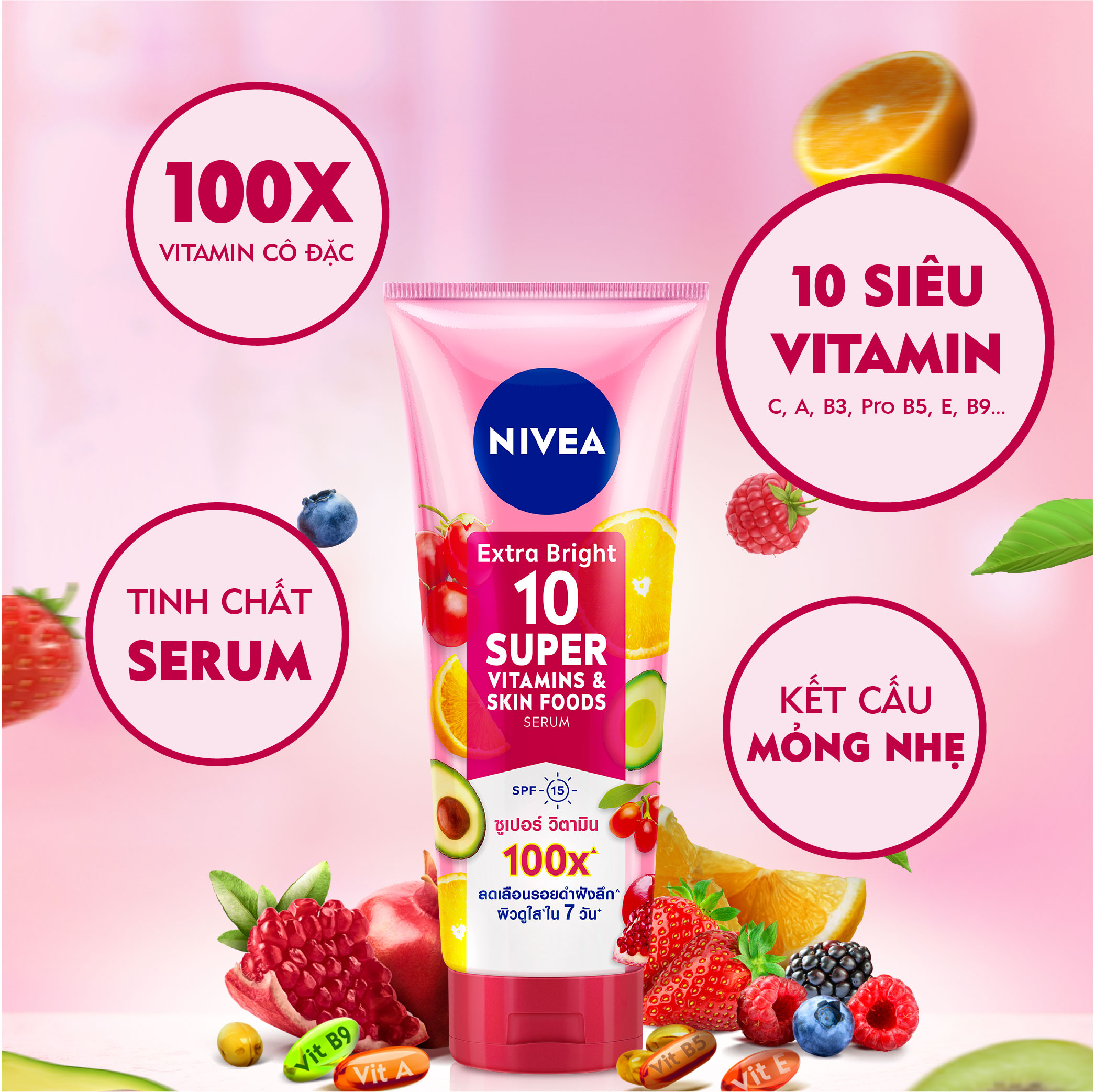 Tinh Chất Dưỡng Thể Nivea Sáng Da Extra Bright 10 Super Vitamin &amp; Skin Foods Serum SPF15 180ml