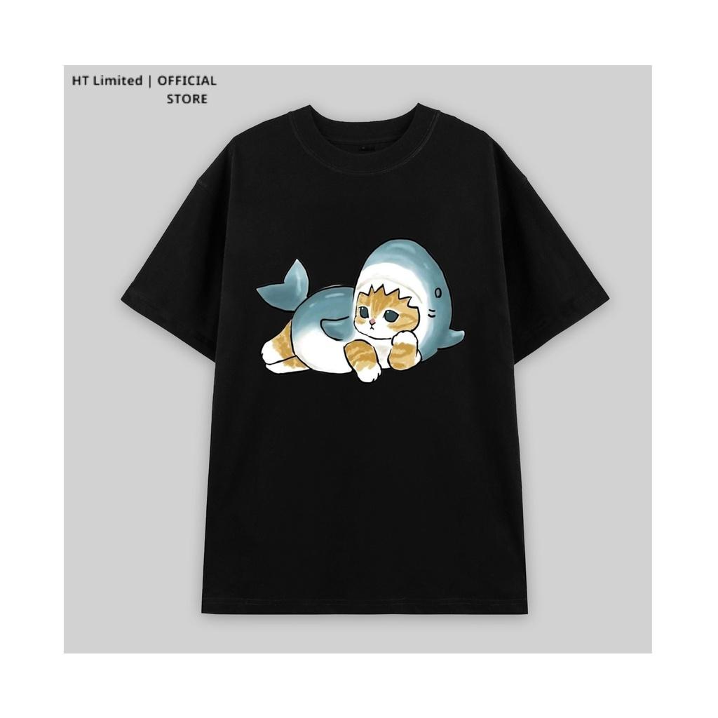 Áo thun tay lỡ thiết kế Unisex họa tiết mèo cá heo local brand HT Limited, 100% Cotton Cao Cấp dày mát