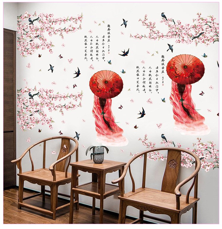 Decal dán tường hoa đào cô gái cổ trang