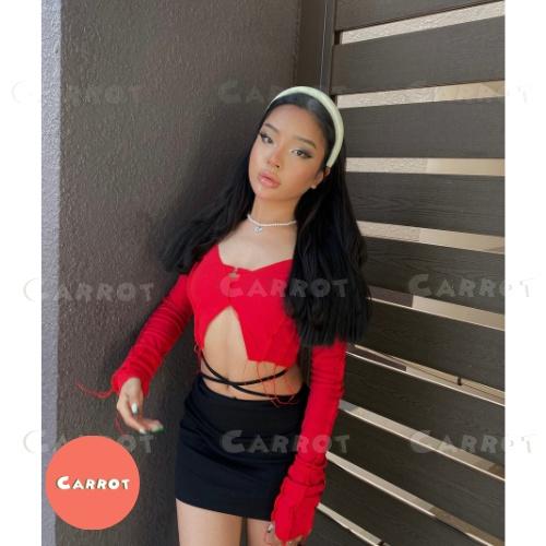 Aó croptop tay dài đỏ chân váy đen basic ôm eo cột dây tôn dáng trendy thời trang nữ carrotxindep