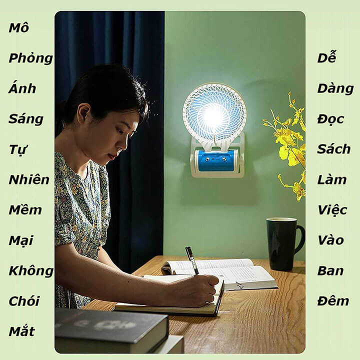 Quạt tích điện năng lượng mặt trời có đèn Led chiếu sáng, quạt tích điện để bàn 3 cánh 2 tốc độ gió tích hợp đèn - JR-5588