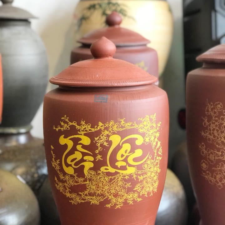 Hũ Sành Đựng Gạo Có Nắp Màu Nâu Đỏ Chuản Gốm Bát Tràng - 15L 38X23