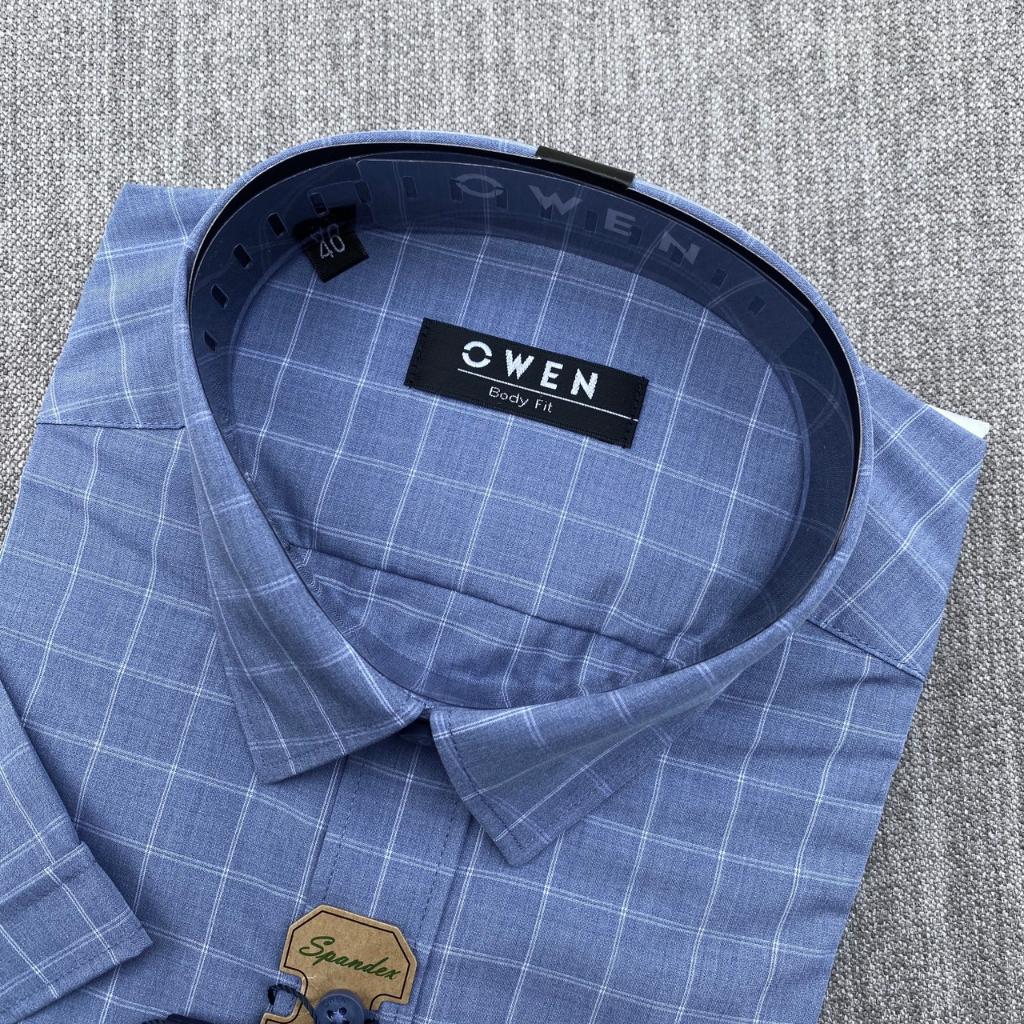 OWEN - Áo Sơ mi ngắn tay Owen Vạt ngang chất sợi Spandex mềm mát kẻ ca rô xanh 230169