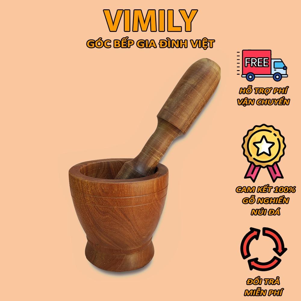 Cối chày gỗ nghiến Tây Bắc núi đá giã thức ăn gia vị VIMILY kích thước 13cm và 15cm