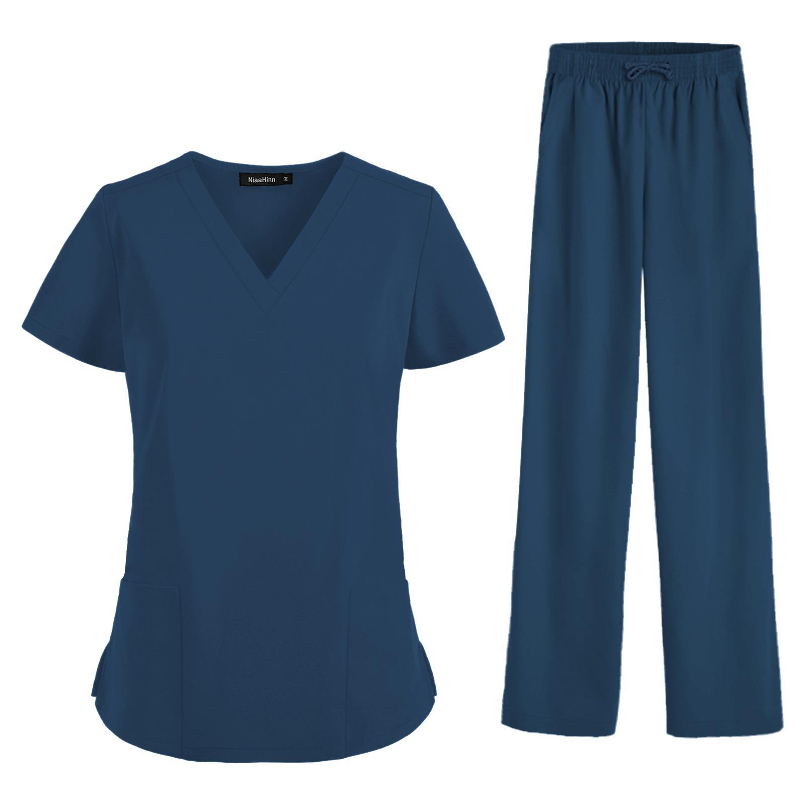 Nurse Work Uniforms Workwear Women's Scrub Set, Unisex with Pockets Breathable Hospital Uniform V Neck Scrub Top and Trousers