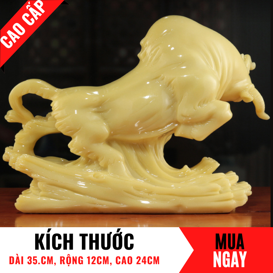 Tượng Trâu Trang Trí Phong Thủy Bằng Đá Hoàng Ngọc Cao 24cm