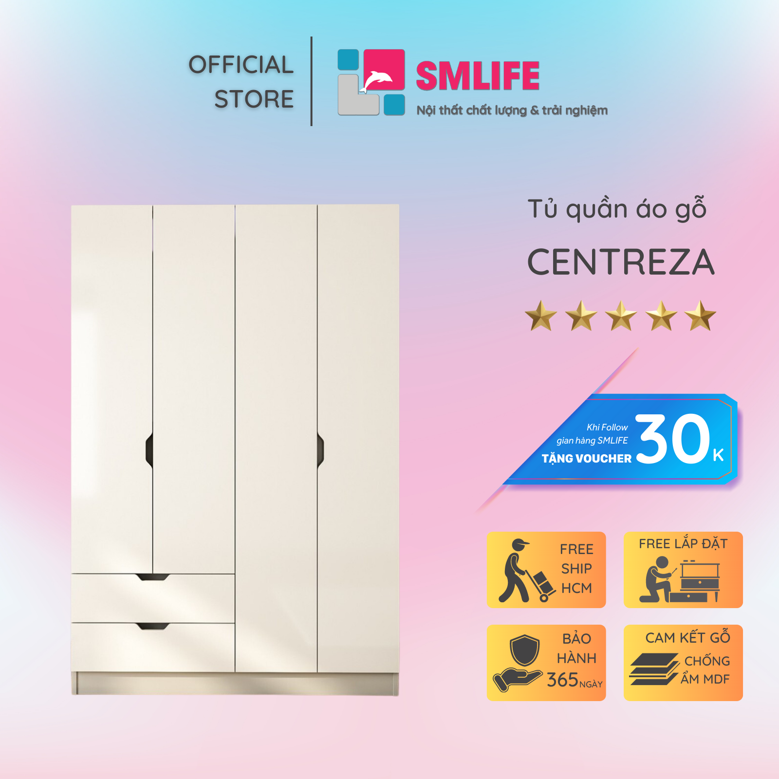 Tủ quần áo gỗ hiện đại SMLIFE Centreza | Gỗ MDF dày 17mm chống ẩm | D120xR47xC180cm