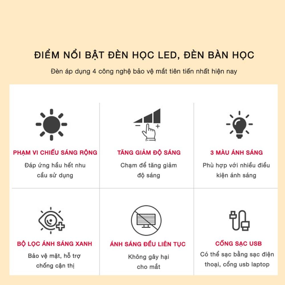 Đèn học để bàn chống cận cảm ứng, đèn đọc sách làm việc 3 chế độ sáng, sạc pin tích hợp gấp gọn, bảo hành 12 tháng