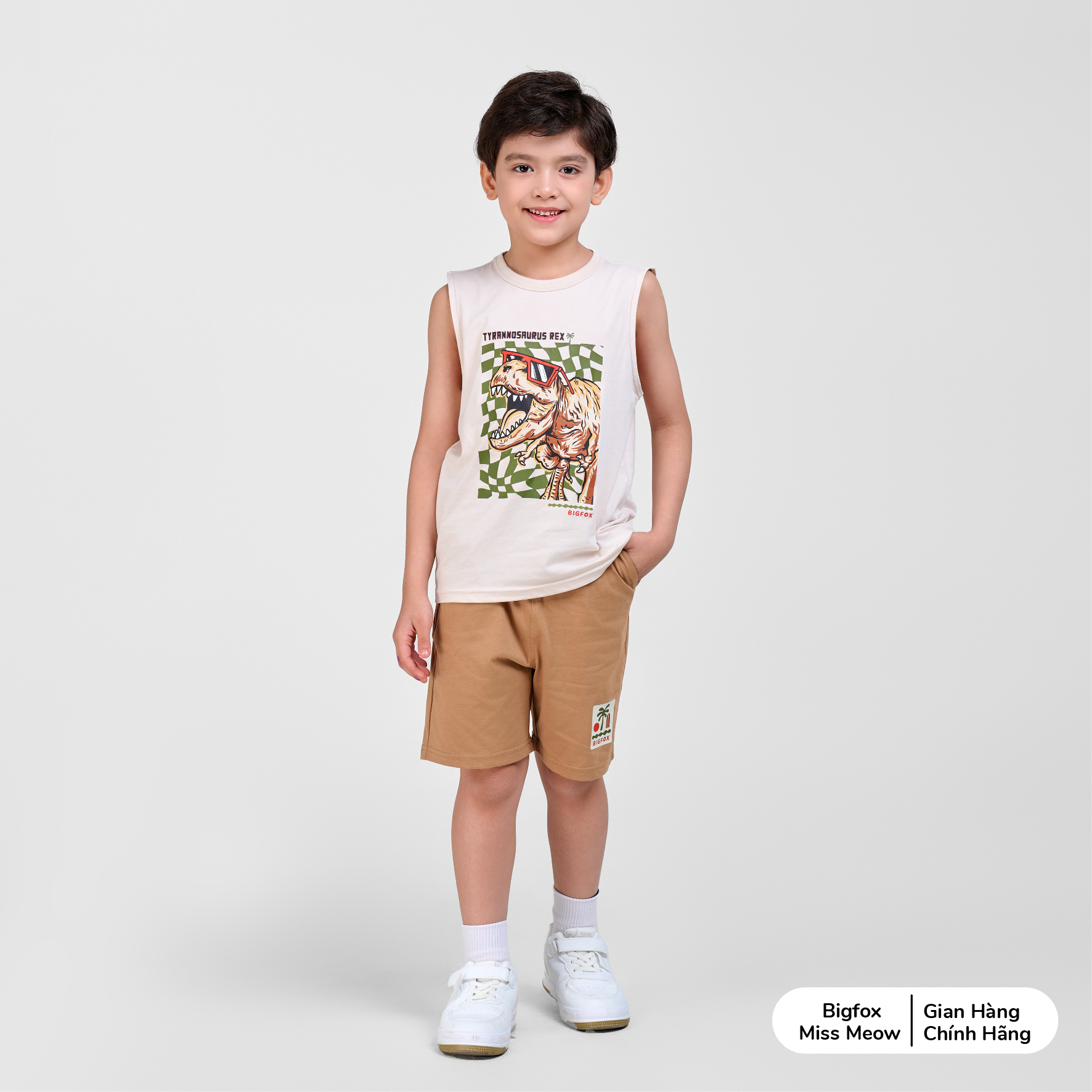 Bộ ba lỗ bé trai Bigfox Miss Meow in khủng long T-rex mùa hè cỡ 3,7,9,11 tuổi 30kg 40kg