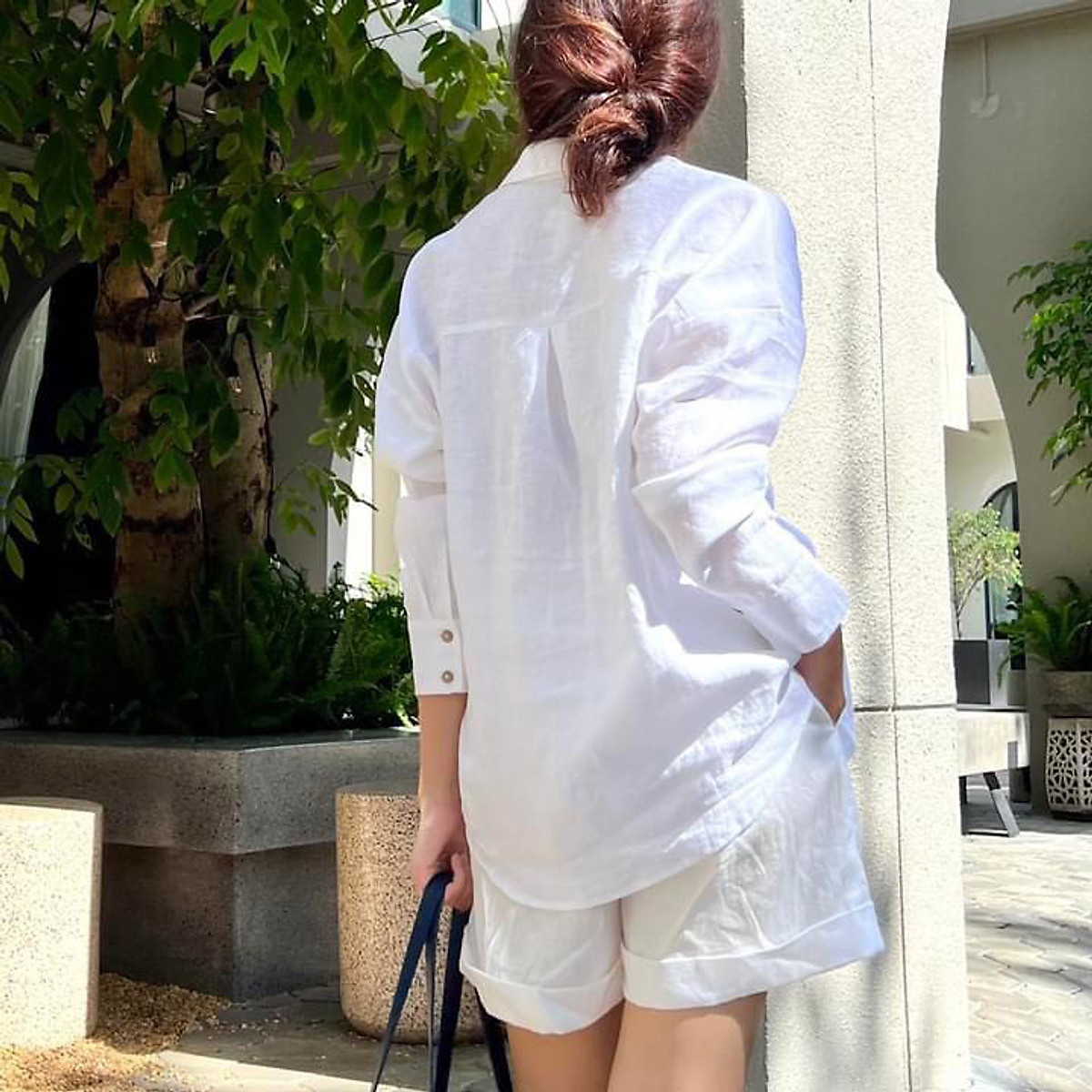 Set bộ Áo dài tay basic Linen tưng Premium kèm Quần short linen Bột Premium trẻ trung - Trắng