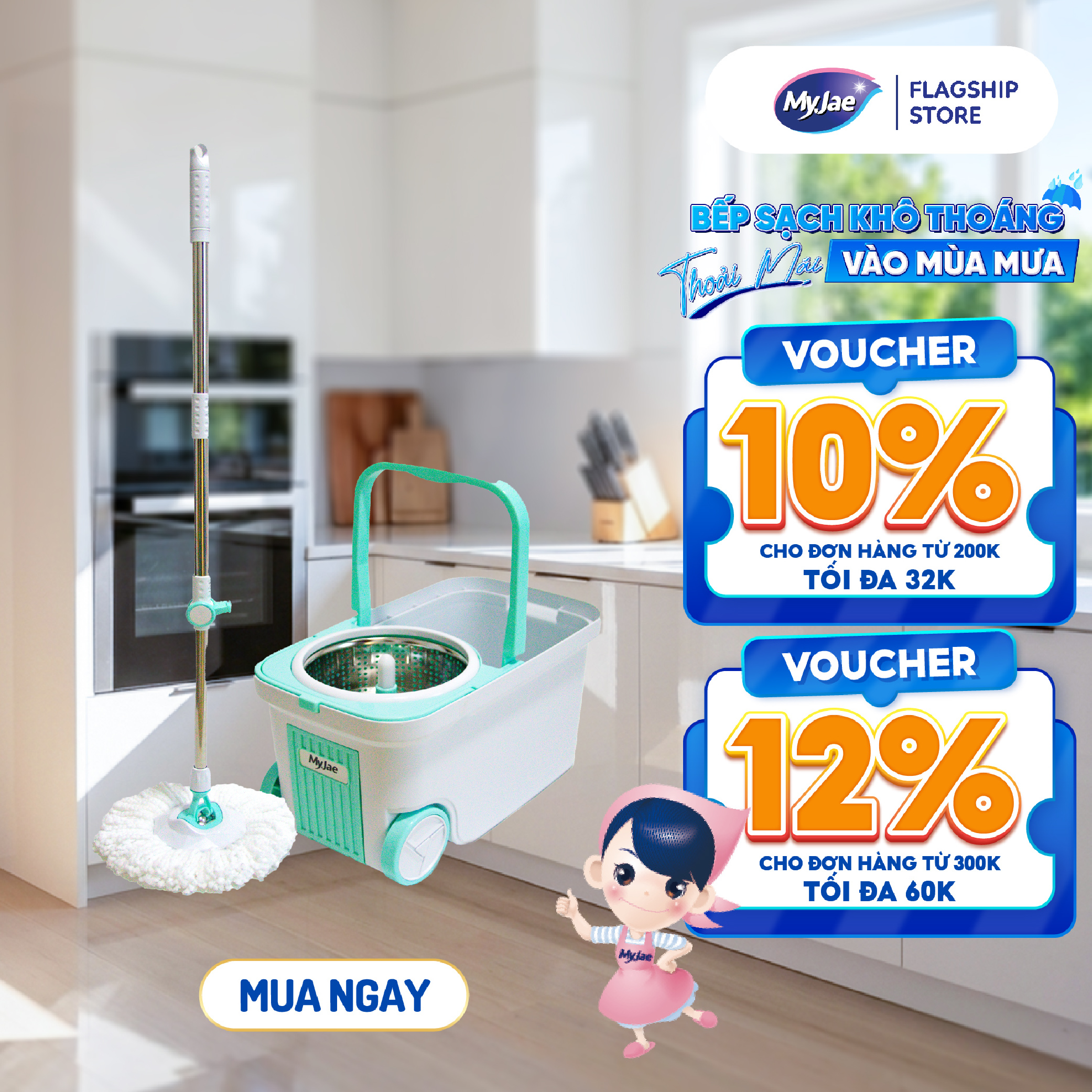 [Tặng Bông Lau] Bộ Lau Nhà MyJae Đài Loan Sợi Microfiber Xoay Siêu Tốc 360 Độ Thông Minh 129.5cm