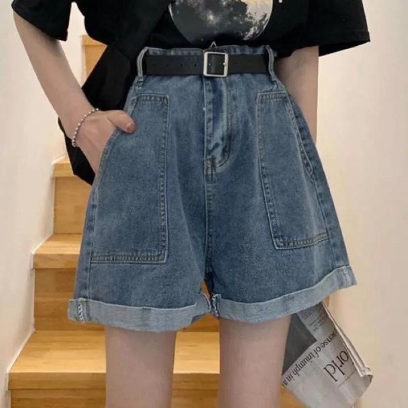Quần Short Jean Nữ Màu Xanh Basic, Quần Đùi Chất Bò Dáng Ngố Lửng Ống Rộng Có Túi Hai Bên Loại 1 Dày Mịn Tay