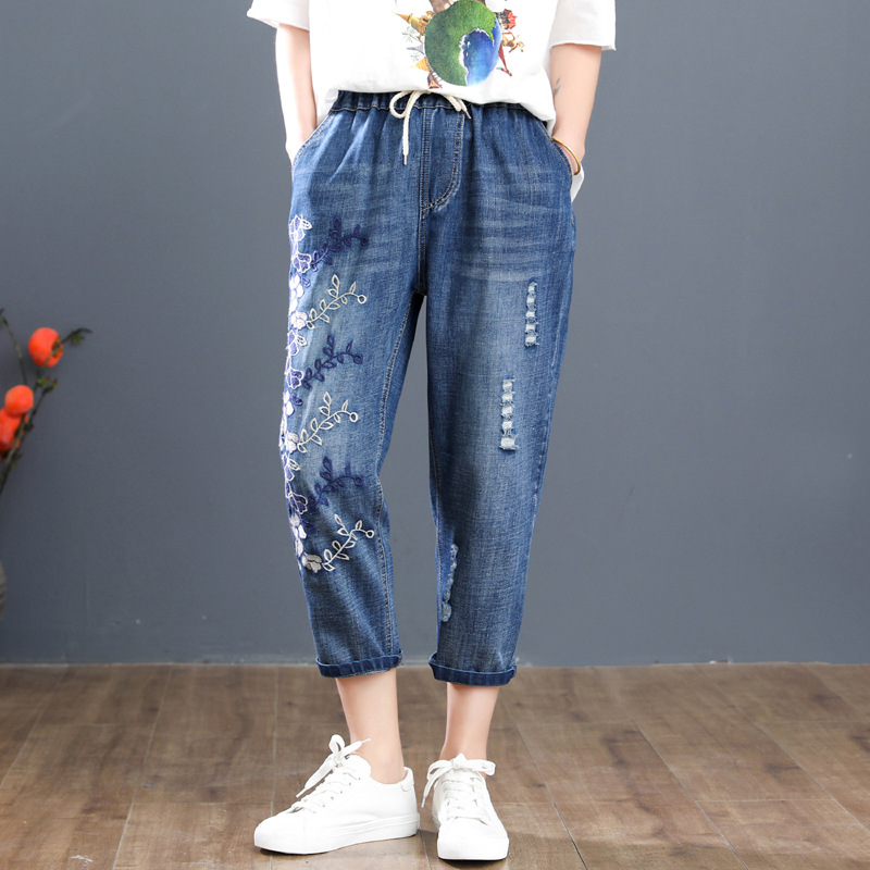 Quần jean bò baggy thêu hoa dây dễ thương QB35