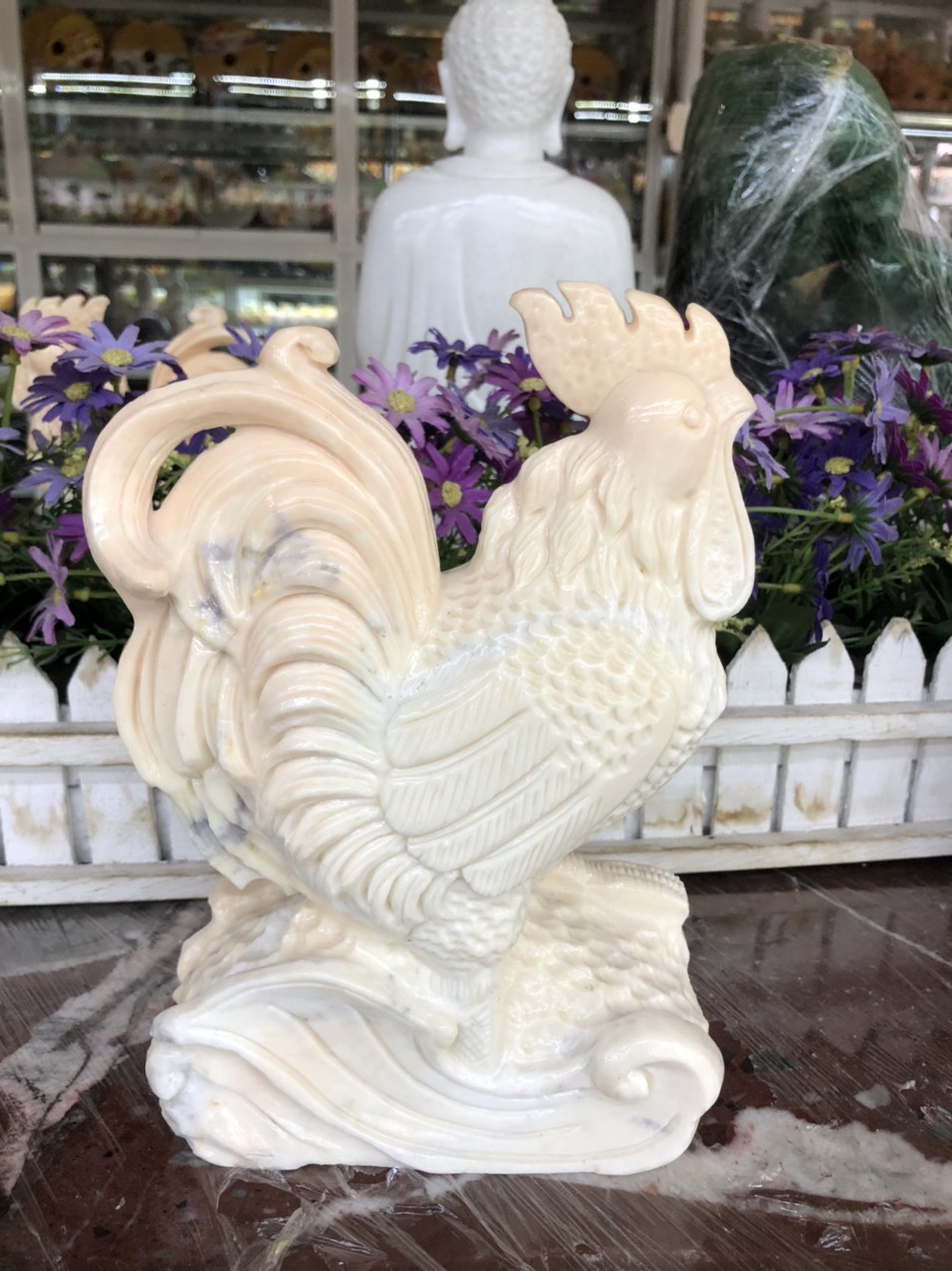 Tượng con gà phong thủy đá cẩm thạch vàng cà rốt trang trí bàn làm việc - Cao 20cm